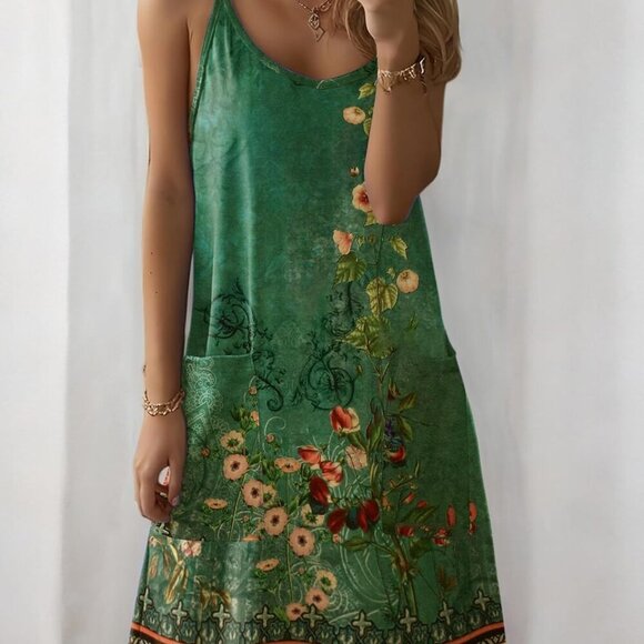 Women Casual Mini Sundress Polyester Spaghetti Strap Pockets Summer - Picture 3 of 5